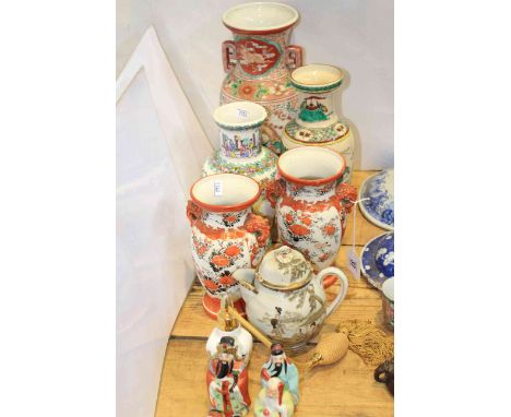 Five Oriental pottery vases, four figures, eggshell teapot and Aynsley atomiser