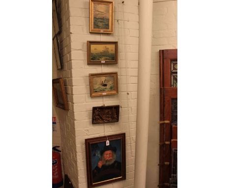 Three small seascapes, carved plaque and portrait of a fisherman (5)