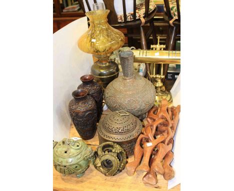 Desk lamp, oil lamp, Eastern copper vase and lidded pot, folding wood stand, pair vases, soapstone sensor and puzzle ball