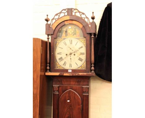 Antique mahogany eight day longcase clock having painted arched dial signed R. Turnbull, Wooler