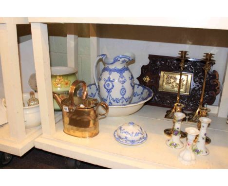 Pair of Art Nouveau and other candlesticks, pair of chamber pots and other, toilet jug and basin, brass watering can, carved 