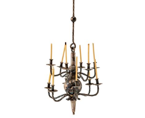 Zwölfkerziger Kronleuchter für Puppenstube  um 1900 Im flämischen Barockstil. Zinn. Balusterschaft mit 12 gebogenen Leuchtera