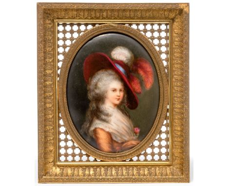 Georgiana Spencer  Duchesse of Devonshire. Ovale Porzellanplakette. D. 9×7 cm. Nach dem Gemälde von Thomas Gainsborough. Rück