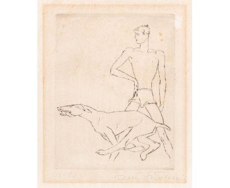 Sintenis, Renée (Glatz, Berlin 1888-1965) Jüngling mit jagendem Hund  Radierung auf Papier. 21,7×16,8 auf 35,5×29,5 cm. Sign.