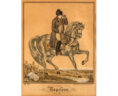 Napoleon Bonaparte - Neuruppiner Bilderbogen  um 1840/60 Napoleon I. als General mit Fernglas auf seinem Schimmel "Marengo". 