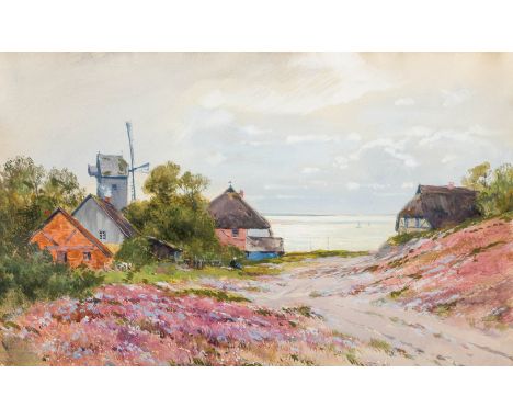 Moras, Walter (Berlin, 1856-1925) "Fischerdorf an der Ostsee"  Sign. (schwach lesbar). Aquarell mit Deckweiß auf Malpappe. 28