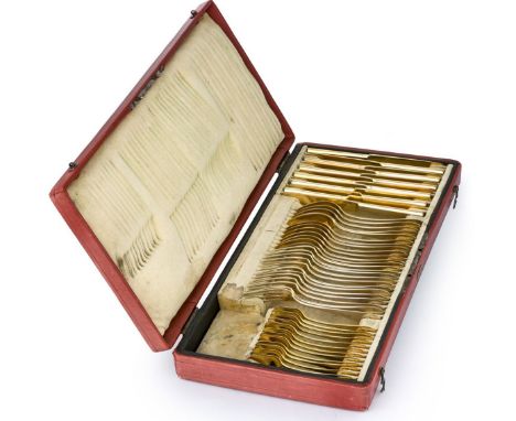 Vermeil-Dessertbesteck   Wien, um 1814/18 bzw. 1864 Für 12 Personen. Eingraviertes Grafenmonogramm M. Lanzettform. 12 Löffel,