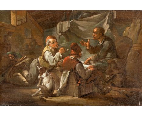 Unbekannter Künstler  (18./19. Jh.) , nach älterem VorbildKonspirative Sitzung  Drei Bauern am Tisch in der Scheune. Lwd. (do