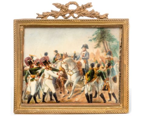 Napoleon zu Pferd  von seinen Generälen begrüßt. Rechteckige Miniatur nach Gemäldevorlage. D. 10×8 cm. R. (59850)