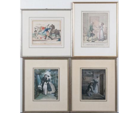 "Berliner Redensarten – Guten Morgen Herr Fischer"  Kol. Kupferstich v. B. Dorbeck. Ca. 13,5×10 cm. M. 19. Jh. R.  Und:  Vier