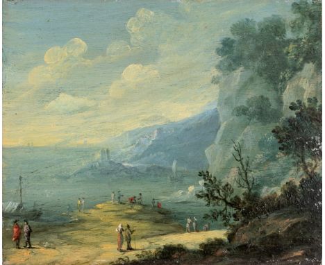 Französischer Maler  (E. 18. Jh.) Seelandschaft mit felsiger Küste und kleinfiguriger Staffage  Rückseitig altes Etikett mit 