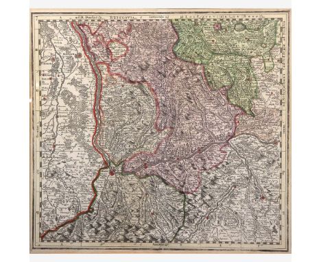 Baden – Dreiländereck Markgräfler Land  E. 18. Jh.  Kartenblatt einer größeren Gesamtkarte. Kupferstich mit Grenz- und Fläche