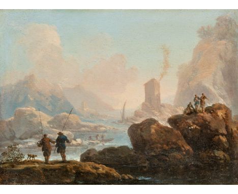Unbekannter Maler  ( 18. Jh.)  Zwei Landschaften mit Anglern an felsigem Flussufer  In der Art von Jean-Baptiste Pillement. L