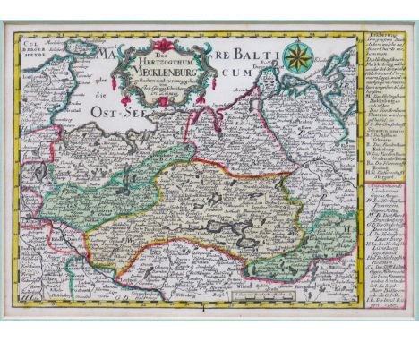 Mecklenburg  um 1730 Das Herzogthum Mecklenburg. Kupferstich mit Grenz- und Flächenkolorit. Gestochen u. verlegt v. Joh. Geor