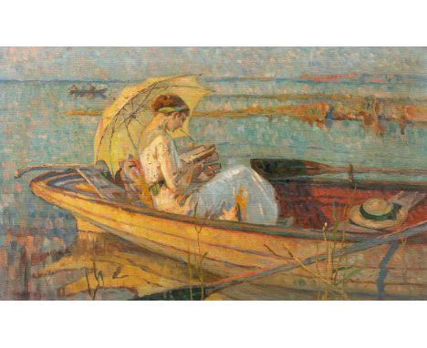 Impressionist (A. 20. Jh.) Mußestunde. Lesende Frau mit Sonnenschirm auf Ruderkahn  Öl auf gröberer Lwd. 60,5×100 cm. R. (598