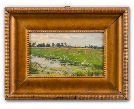 Henseler, Ernst (Wepritz/Landsberg, Berlin 1852-1940) "Wiese mit Teich"  Sign. Öl auf Holzplatte. 14,2×23,5 cm. Rücks. vom Kü