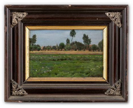 Henseler, Ernst  (Wepritz/Landsberg, Berlin 1852-1940) "Blick auf Landsberg"  Sign. u. dat. (18)88. Öl auf dünnem Karton, auf