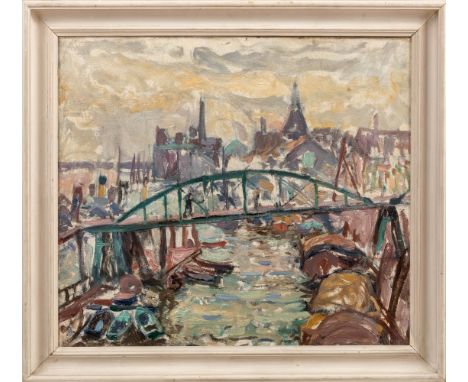 Unbekannter Maler (20. Jh.) Großstadt mit eiserner Fußgängerbrücke über Fluss mit Booten   Öl auf Lwd. 52,5×60 cm. R. (59800)