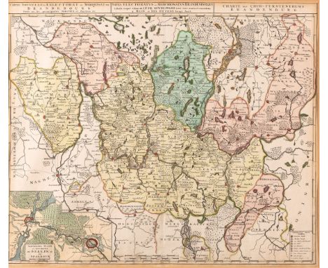 Brandenburg  1. H. 18. Jh. Charte des Churfürstenthums Brandenburg mit Teilkarten zu Berlin unt Spandau. Kupferstich mit Gren
