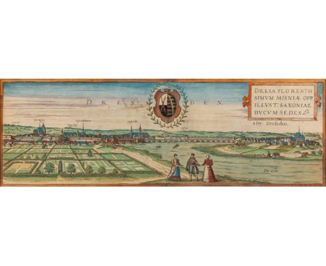 Dresden   wohl um 1572/1618 Stadtgesamtansicht mit Elbbrücke. Kol. Kupferstich aus Braun und Hogenbergs Städtebuch "Civitates