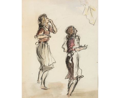 Schwimmer, Max Leipzig 1895-1960) , zugeschriebenStudienblatt mit zwei Mädchen  Kohle und Aquarell auf Durex Papier. Ca. 21×1