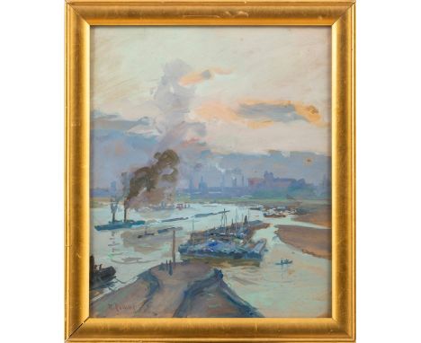 Eschke, Richard (Berlin, Jüterbog 1859-1944) Industrielandschaft an der Ruhr   Breites Flusstal mit Lastkähnen und rauchendem