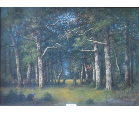 Bennewitz von Loefen d. Ä., Karl  (Thorn, Eutin 1826-1895) Buchenwaldlichtung und sammelnde Frauen  Rest der Sign. Lwd. 33×45