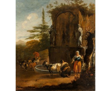 Berchem, Nicolaes (Haarlem, Amsterdam 1620-1683) , Art von Hirtin beim Ziegemelken am Brunnen  18. Jh.  Links im Hintergrund 