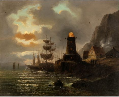 Dresdner Maler, H. Mühlig (M 19. Jh.) Steilküste mit ankernden Segelschiffen und Leuchtturm bei Nachthimmel  Sign. (undeutl. 