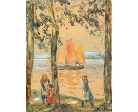 Engel, Otto Heinrich (Erbach, Glücksburg 1866-1949) Sommerfrische. Kinder am Seeufer mit Segelboot und Mühle in der Ferne  Si