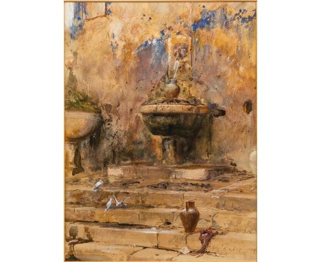 Rabes, Max (Samter/Posen, Wien 1868-1944) "Fontana in Taormina (Sizilien)"  Treppenstufen mit Wandbrunnen. Aquarell auf Papie