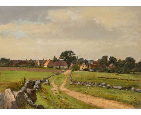 Krausse, Robert ( Weimar, Dresden 1834-1903) Weg nach Schmarsow  Sign. u. dat. Schmarsow 1885. Öl auf Lwd., auf dicken Karton