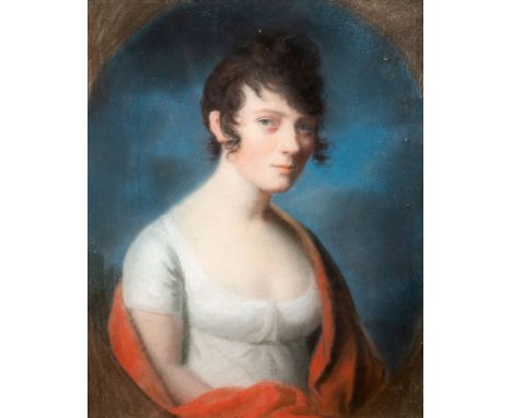 Schroeder, Johann Heinrich (Meiningen 1757-1812) , nachBrustbildnis einer Dame   mit weißem Chemisenkleid und rotem Tuch. Gem