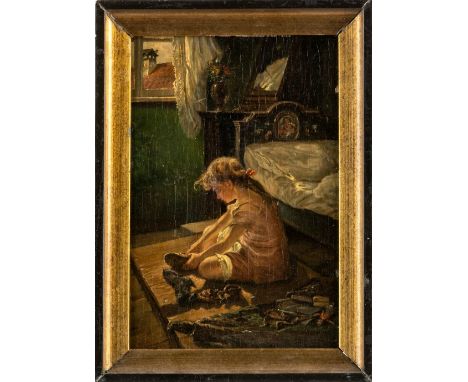 Heidelmann, Max (um 1865-1944, lebte in Müchen) Mädchen in ihrer Dachkammer vor Bauernbett sitzend  Öl auf Holz. Sign. Ca. 24