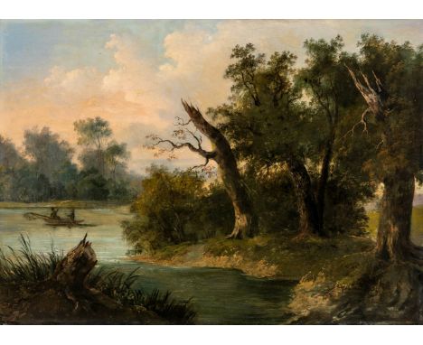 Landschaftsmaler  (um 1850) Parklandschaft mit Ruderern  Öl auf Lwd. 42×57,5 cm. (Krakelee, Retuschen). R. (59800)