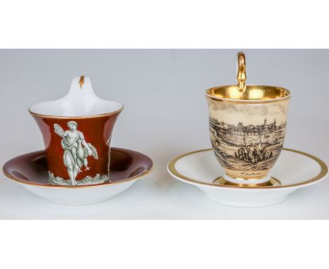 Ansichtentasse "Cüstrin" auf Untertasse  KPM Berlin, M. 19. Jh. Gefußte Becherform mit Schwanenhenkel. Goldgerahmte, in Grisa