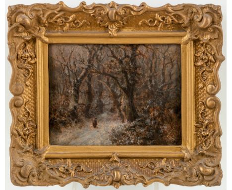 Düsseldorfer Landschaftsmaler (2. H. 19. Jh.) Winterwald  Auf dem verschneiten Weg Reisigsammlerin. Ölstudie auf Karton aufge