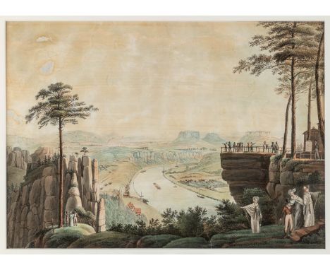 Sächsische Schweiz  1. H. 19. Jh.  Fernaussicht von der Bastei über das Elbtal mit Ausflüglern der Biedermeierzeit. Kol. Umri