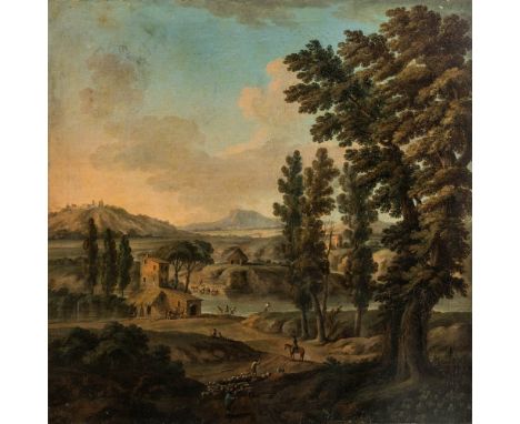 Niederländischer Maler in Italien  (18. Jh.) Weite römische Landschaft   mit Gebäudegruppen, Flusslauf und hohen Bäumen. In d