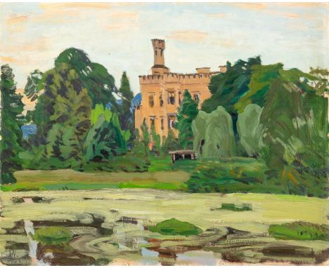 Hänsch, Johannes (Berlin 1875-1945) Blick über Parklandschaft auf märkisches Schloss im Tudorstil  Monogr. JH. Öl auf Hartfas