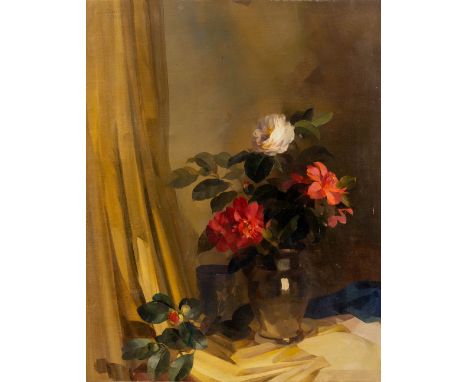 Drescher, Arno (Auerbach, Braunschweig 1882-1971) Kamelien in Glasvase  Sign. u. dat. 1946. Öl auf Lwd. 85×67 cm. (Kl. Loch u