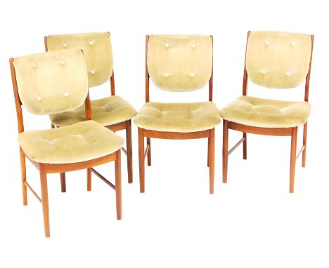 A set of four mid century McIntosh teak dining chairs, upholstered in overstuffed button back fawn draylon, dated Nov 1976.