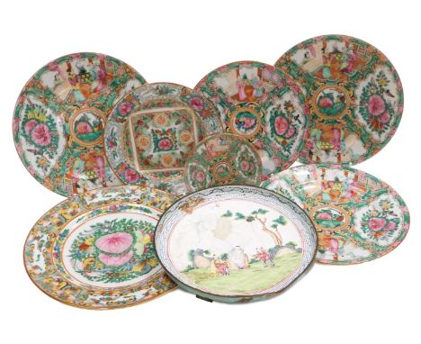 Seven various 20thC Chinese Canton plates decorated in typical palette, and an 18thC Canton enamel saucer dish decorated with