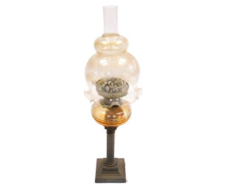 An early 20thC Sherwoods of Birmingham brass oil lamp, of Corinthian column form, with a fluted glass reservoir, chimney and 