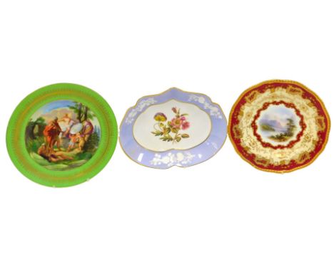 A late 19thC Vienna style porcelain plate, printed with an allegorical scene, within a gilt and green border, printed and pai