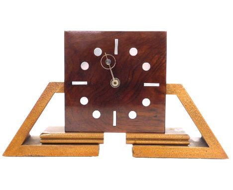 A Jugendstil rosewood and giltwood mantel clock, square dial with silvered buttons and markers, Junghans self winding battery
