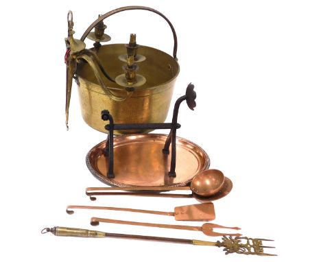 A brass jam pan, with a cast iron handle, 33.5cm wide, copper cooking implements, a toasting fork, tray, and an Adam style br