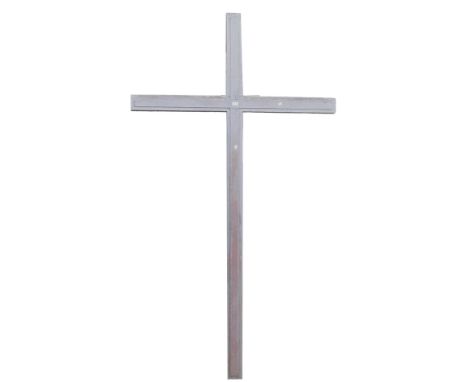 A brown stained wooden church cross, with light attachment, 245cm x 137cm.