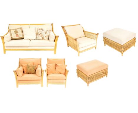 An Angraves bamboo conservatory suite, comprising a two seater sofa, 194cm wide, three armchairs, and two stools. (6)