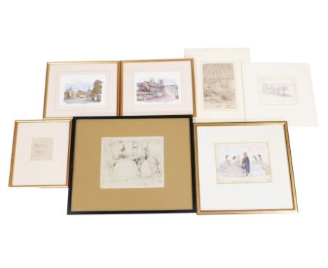 English School three mid 19thC charcoal studies, together with a watercolour "An Attraction at a Tea-Party", an etching of a 